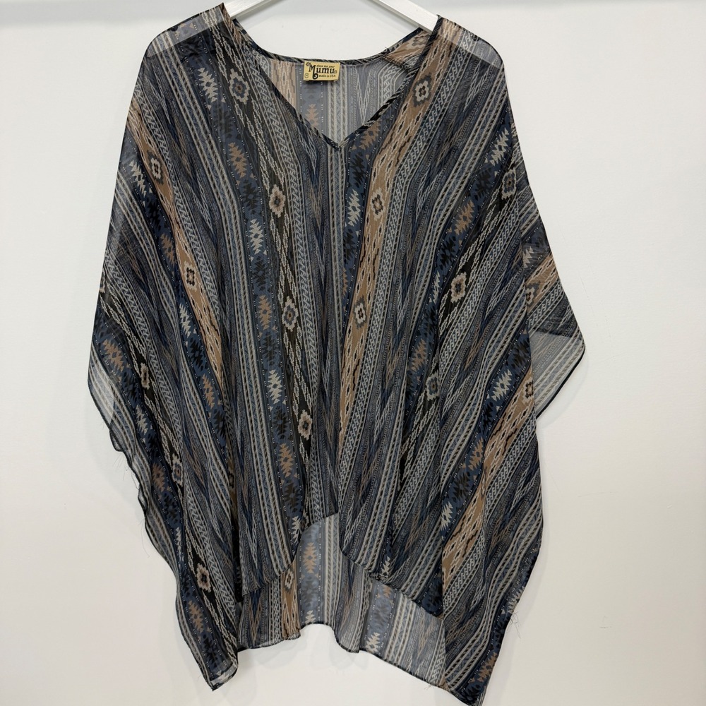 Show Me Your Mumu Women Blue Geometric Sheer Kaftan Poncho Top Medium